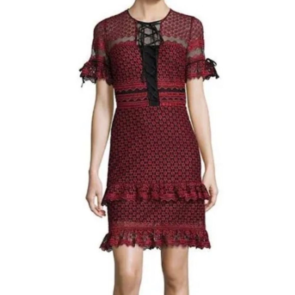 Parker Burgundy and Black Lace-Trim Midi Dress